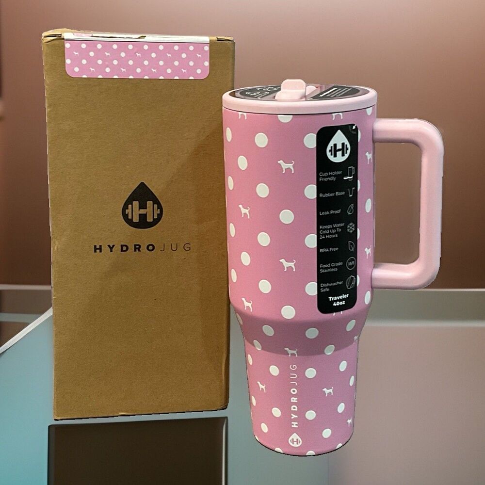 Victoria’s Secret Pink Hydro jug Traveler 40oz Water Bottle Pink Dot Dog